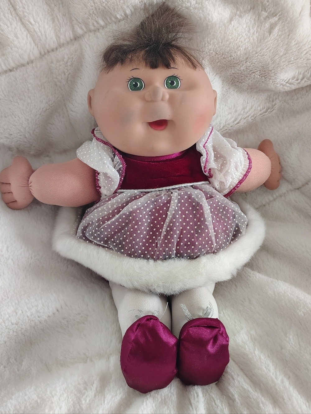 Mattel Cabbage Patch Doll Burgundy Holiday Dress Circa 1995 Brown Hair Doll